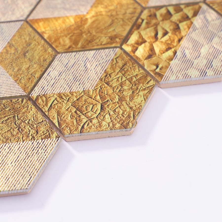 Edge view of gold hexagon aluminum mosaic tile sheet