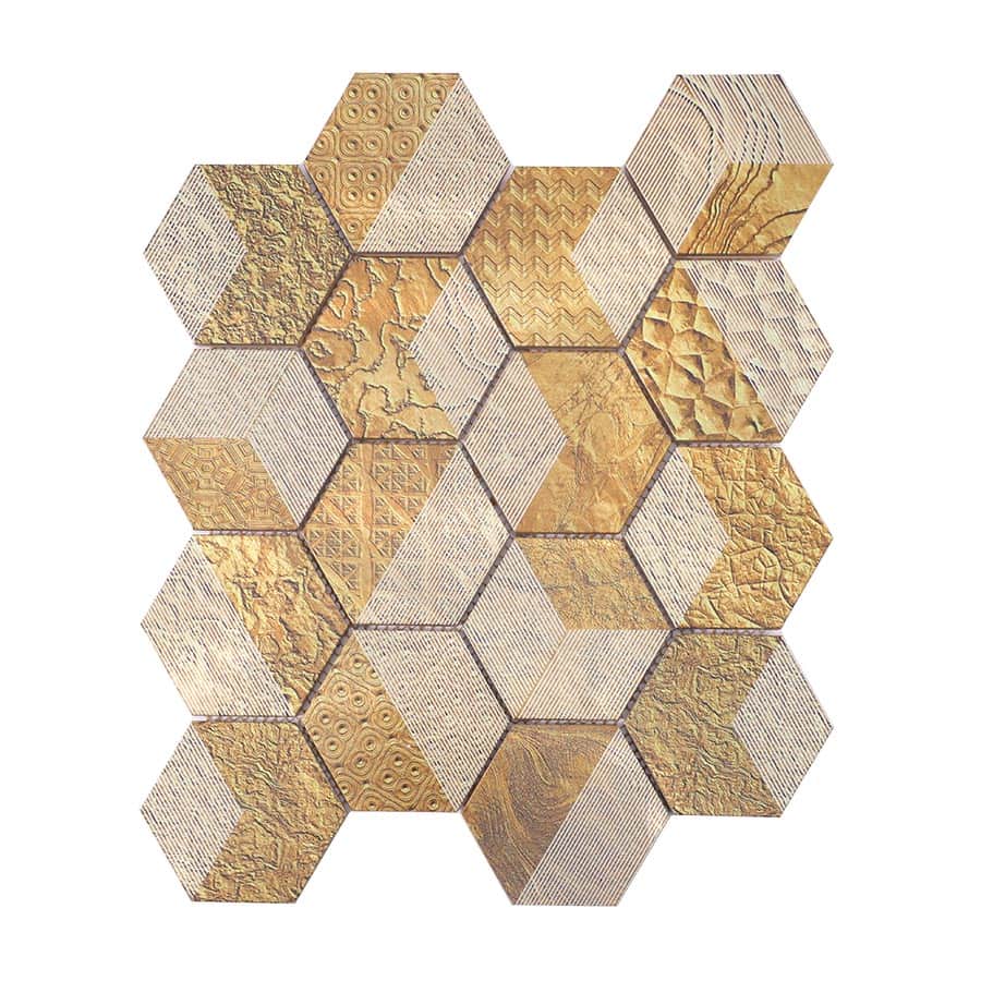 Gold hexagon aluminum mosaic tile sheet with mixed textures for walls