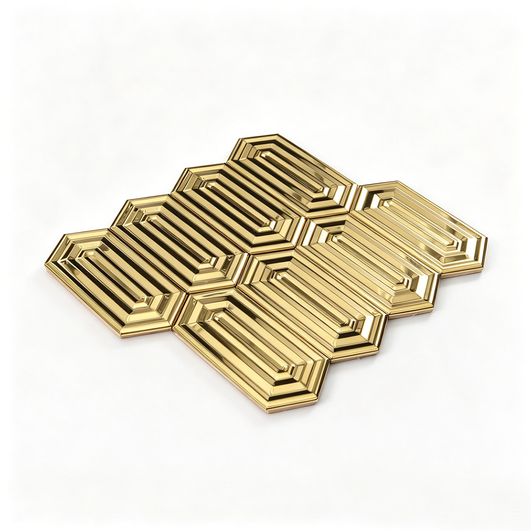Perspective view of gold hexagon mosaic tile sheet arranged in repeating pattern