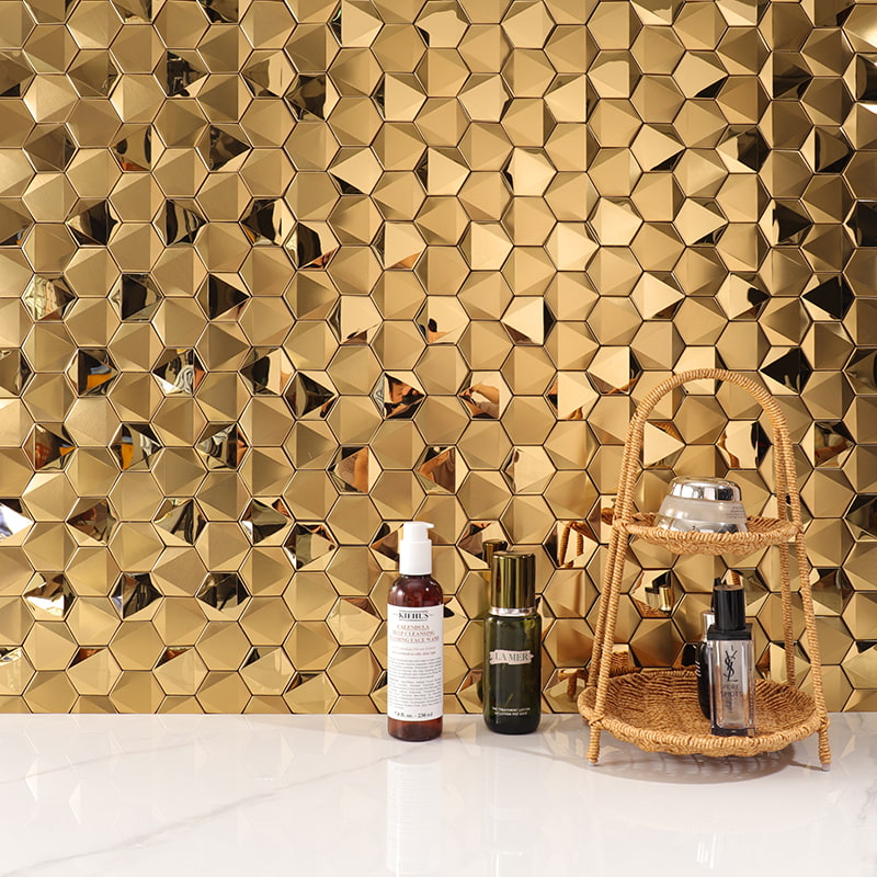  Glossy gold hexagonal metallic mosaic tiles with a polished finish 