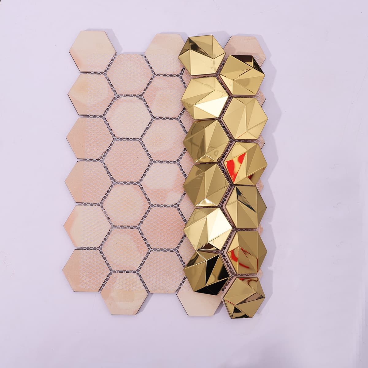 Back view of gold 3D hexagon stainless steel mosaic