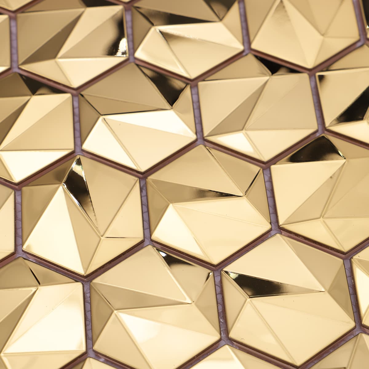 3D gold hexagon tiles with a polished metallic finish