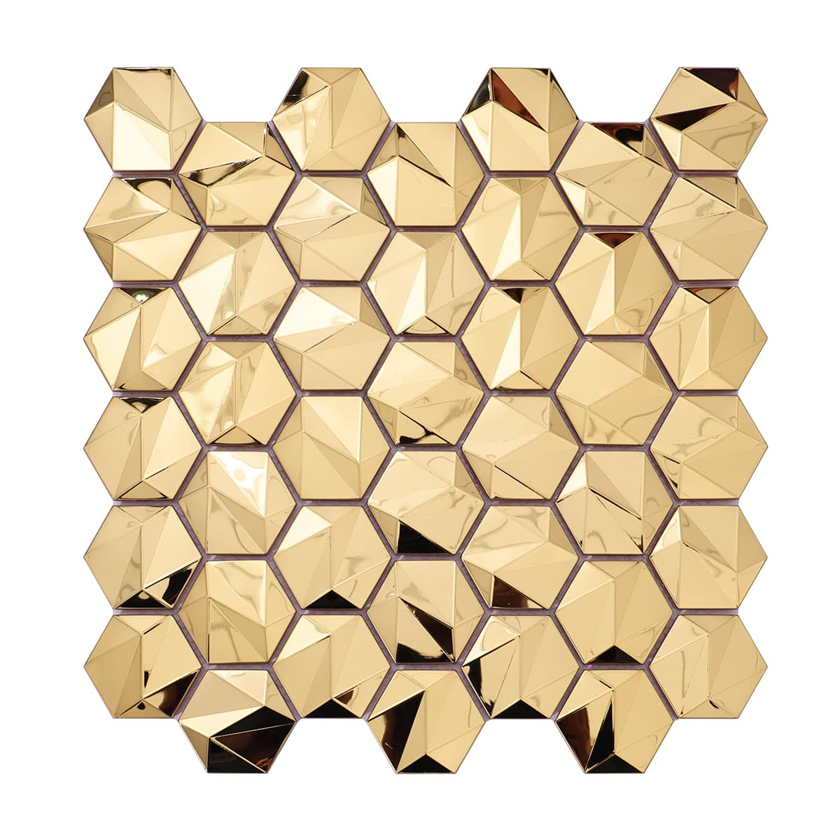 Front angle of glossy gold hexagon metal mosaic