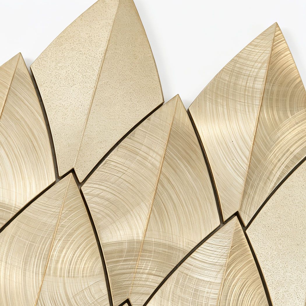 Close-up of gold leaf aluminum mosaic tile pattern with mixed surface finishes