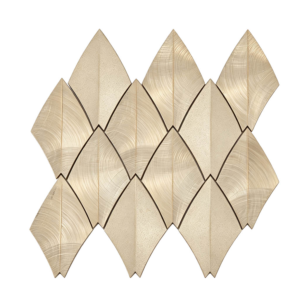 Gold leaf aluminum mosaic tile sheet on a white background