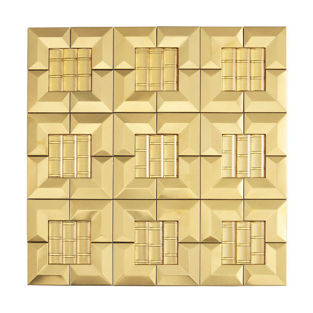 Top-down view of a luxury gold metallic mosaic tile sheet with 3D beveled square frames.