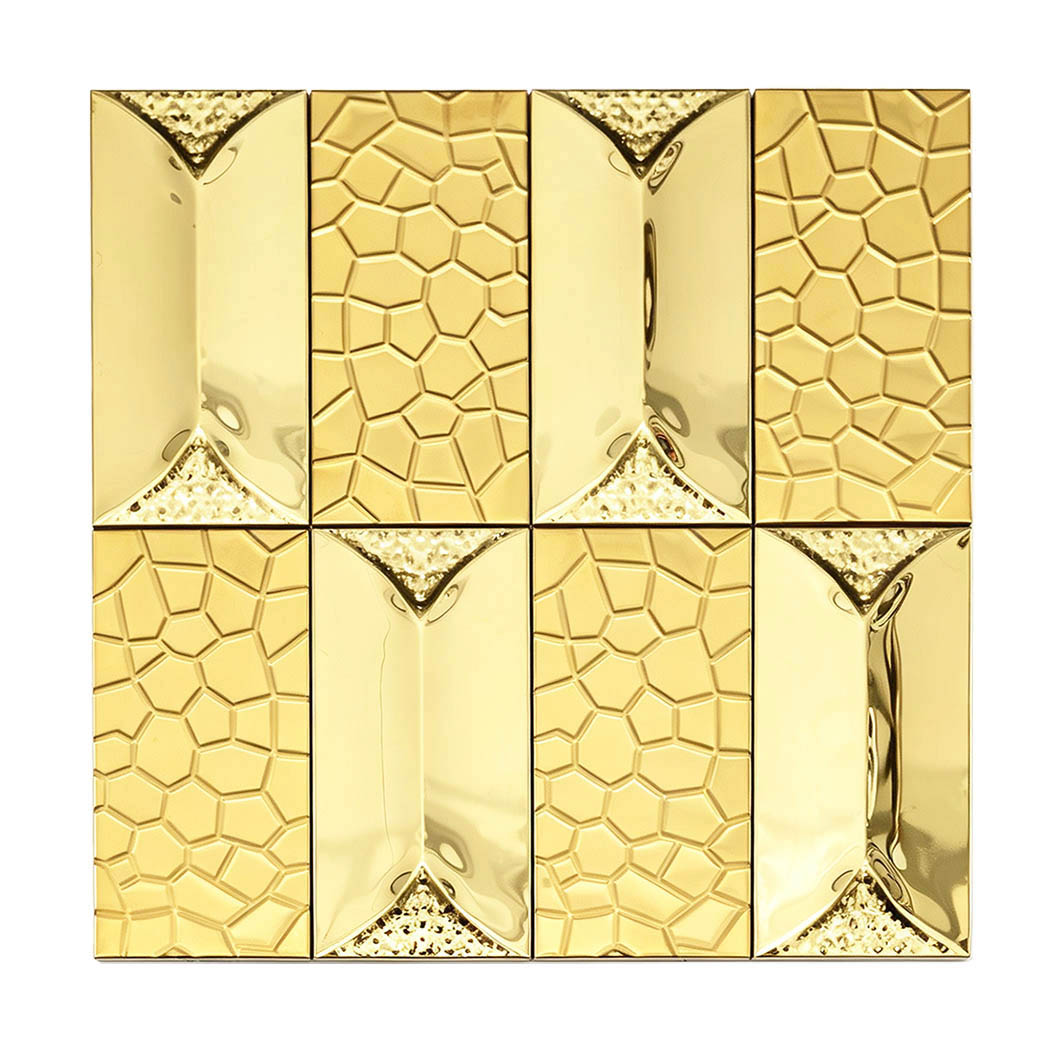 Gold metallic rectangular mosaic tiles with 3D wall tile texture