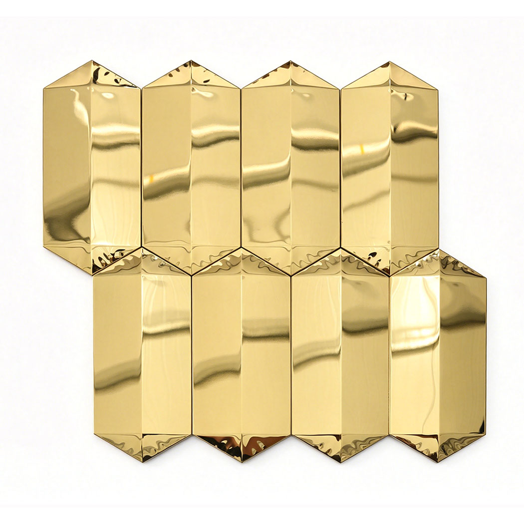Gold mirror long picket mosaic tile sheet with glossy beveled surface