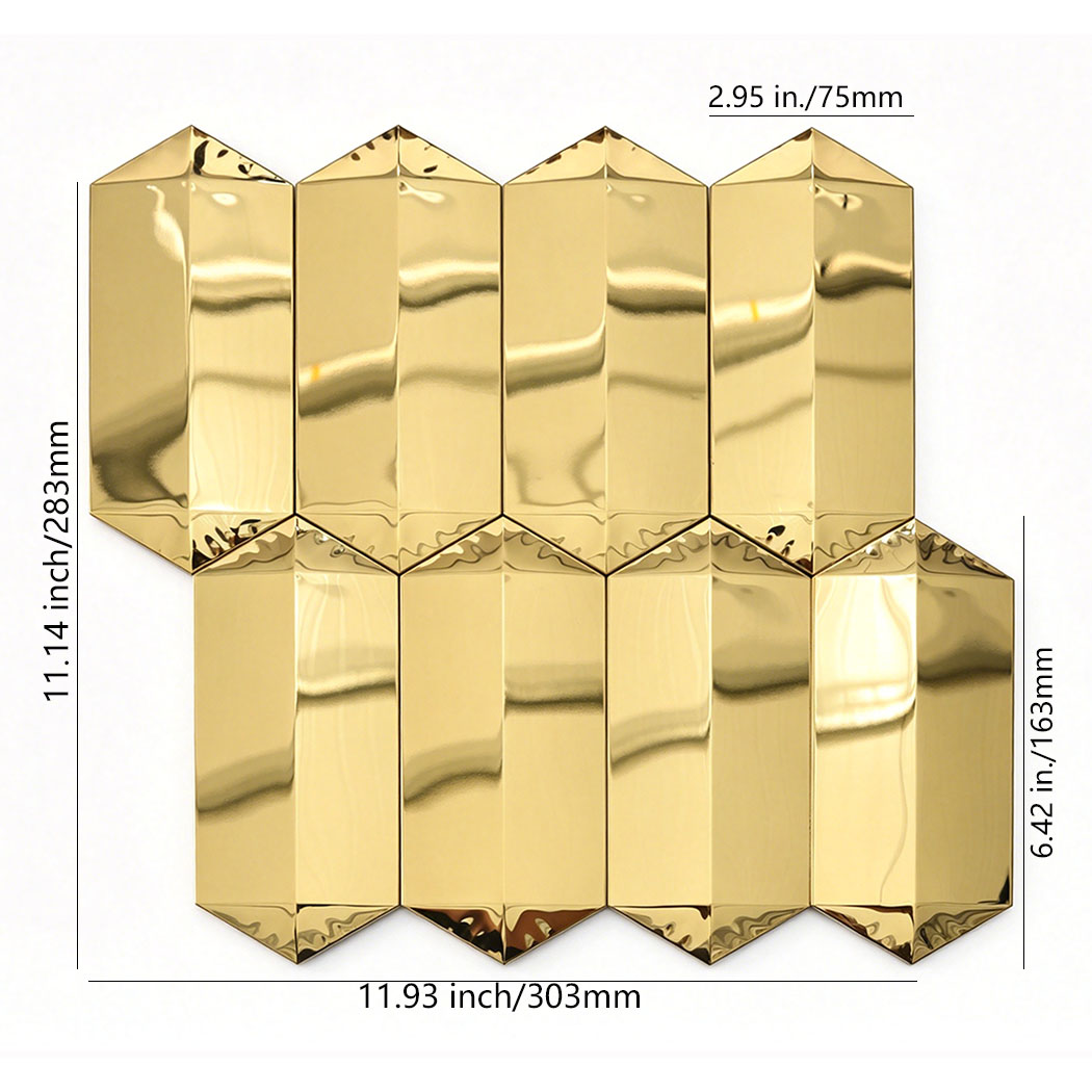 Gold mirror picket mosaic tile sheet with size measurements on white background