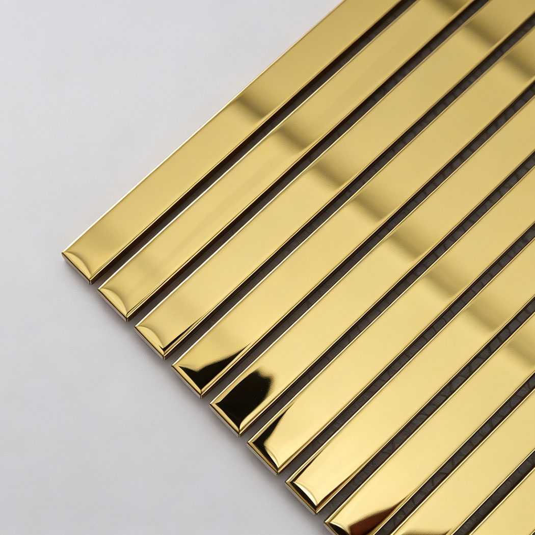 Corner close-up of gold mirror stainless steel ribbon tile