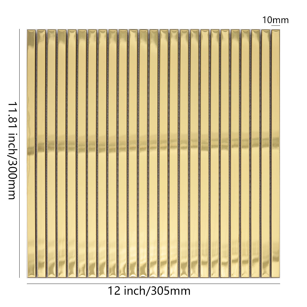 Gold mirror stainless steel ribbon tile sheet with 12 by 11.81 inch dimensions