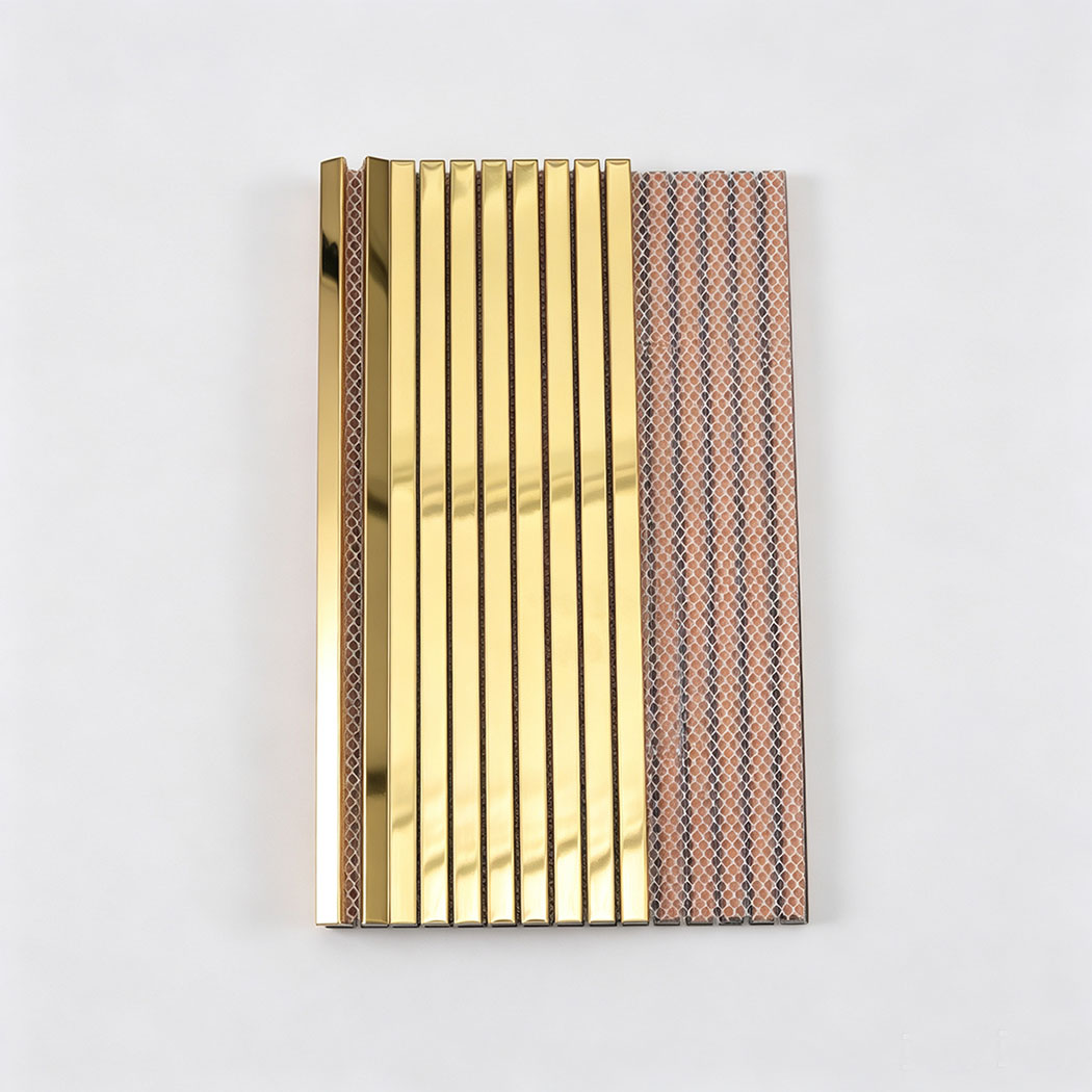 Gold mirror stainless steel ribbon tile sheet with mesh backing