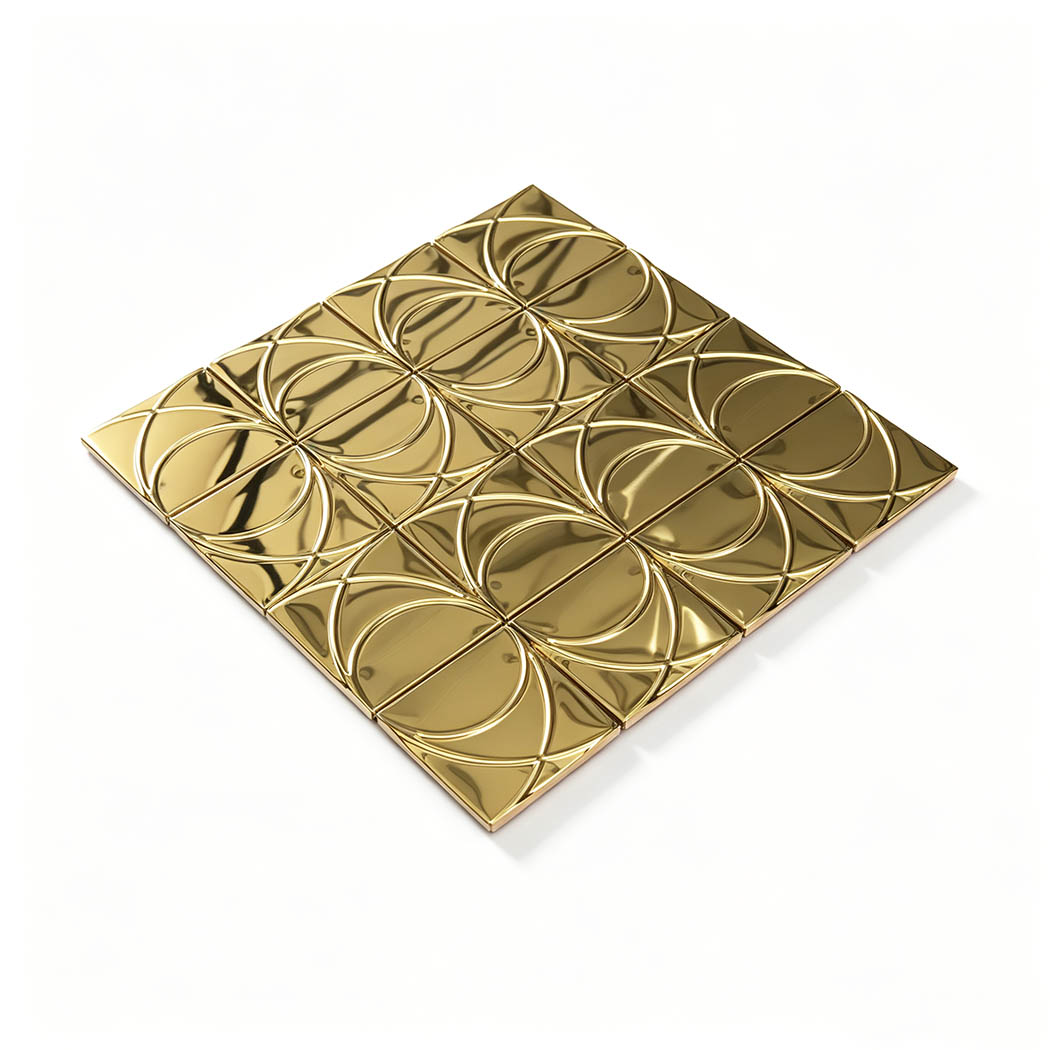 Angled view of gold mirror stainless steel square pattern mosaic tile