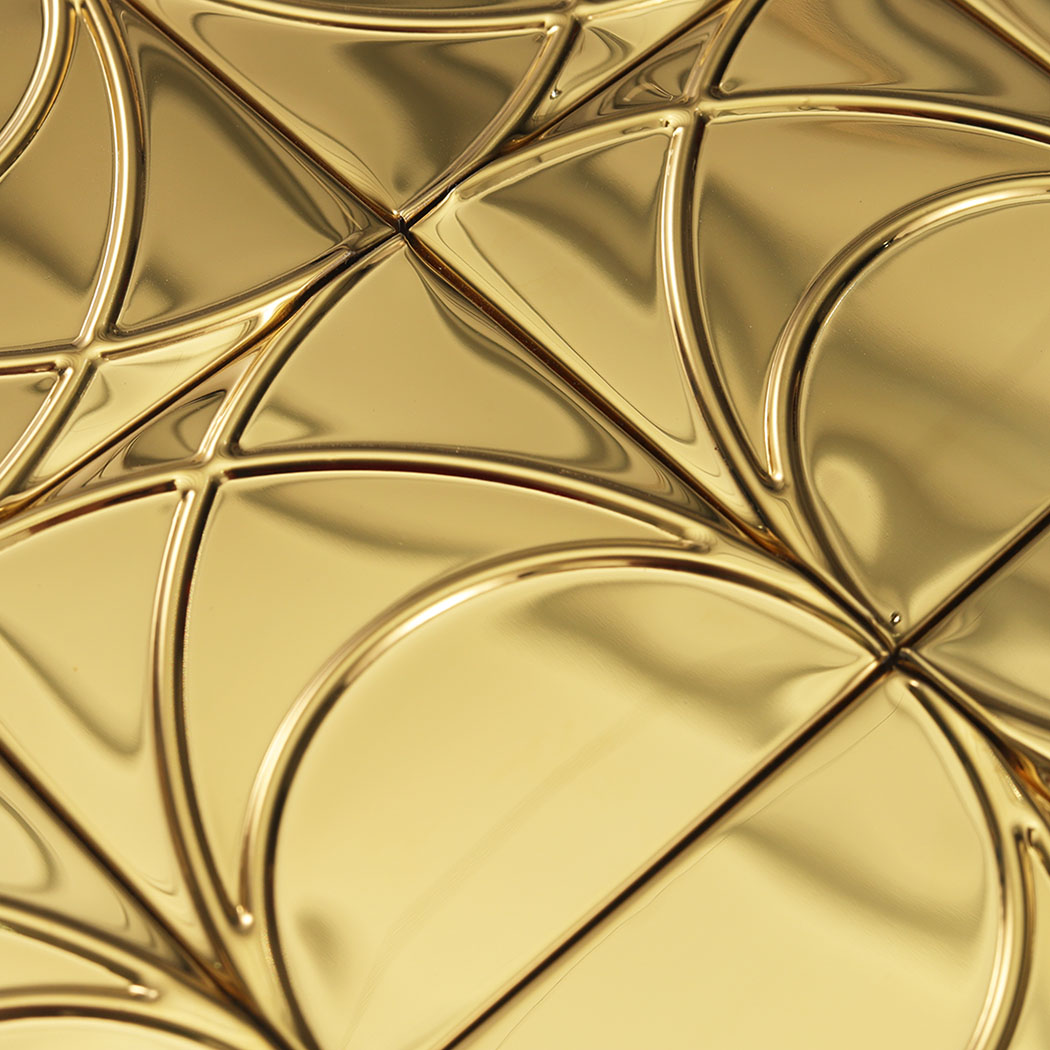 Close-up of gold mirror stainless steel square pattern mosaic surface
