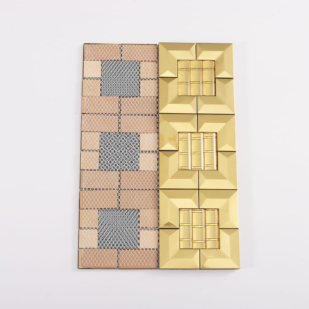 Comparison showing the front gold surface and the white mesh backing of the mosaic tile.