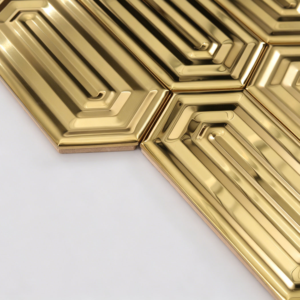 Gold picket stainless steel mosaic tile angled display brushed and mirror contrast finish