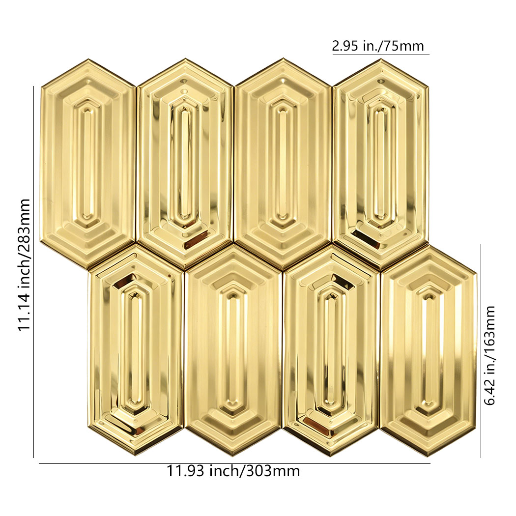Gold picket stainless steel mosaic tile sheet brushed and mirror finish front view with size 