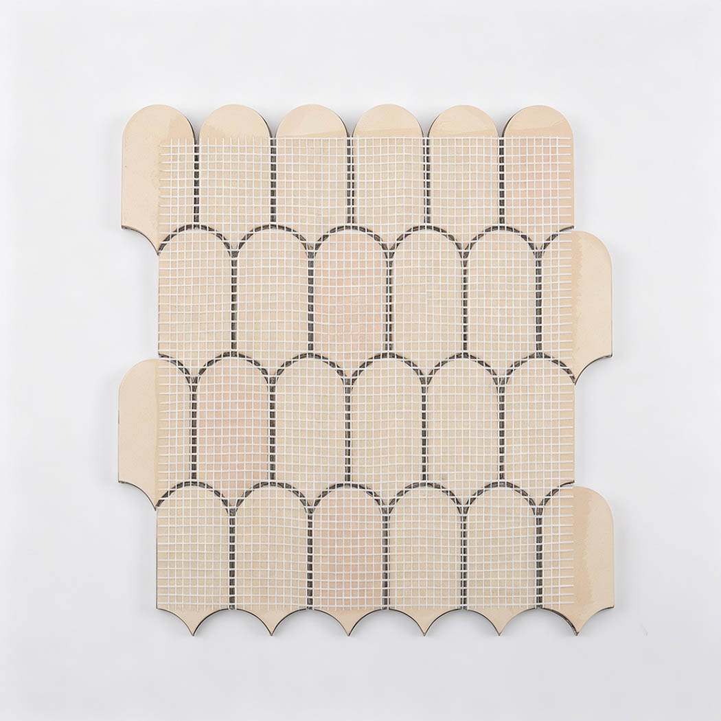 Back view of antique gold water ripple scallop mosaic tile sheet with mesh backing
