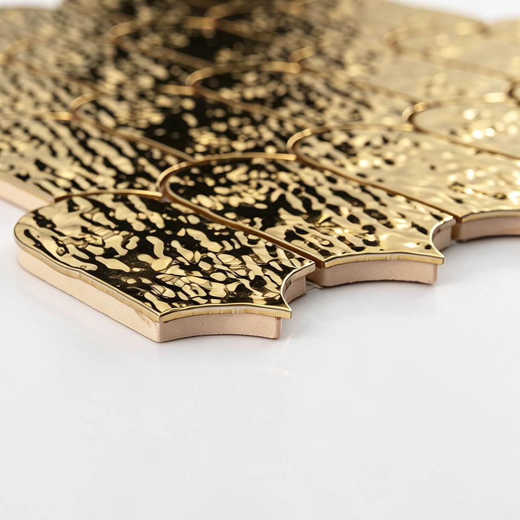 Thickness detail of antique gold water ripple scallop metal mosaic tiles
