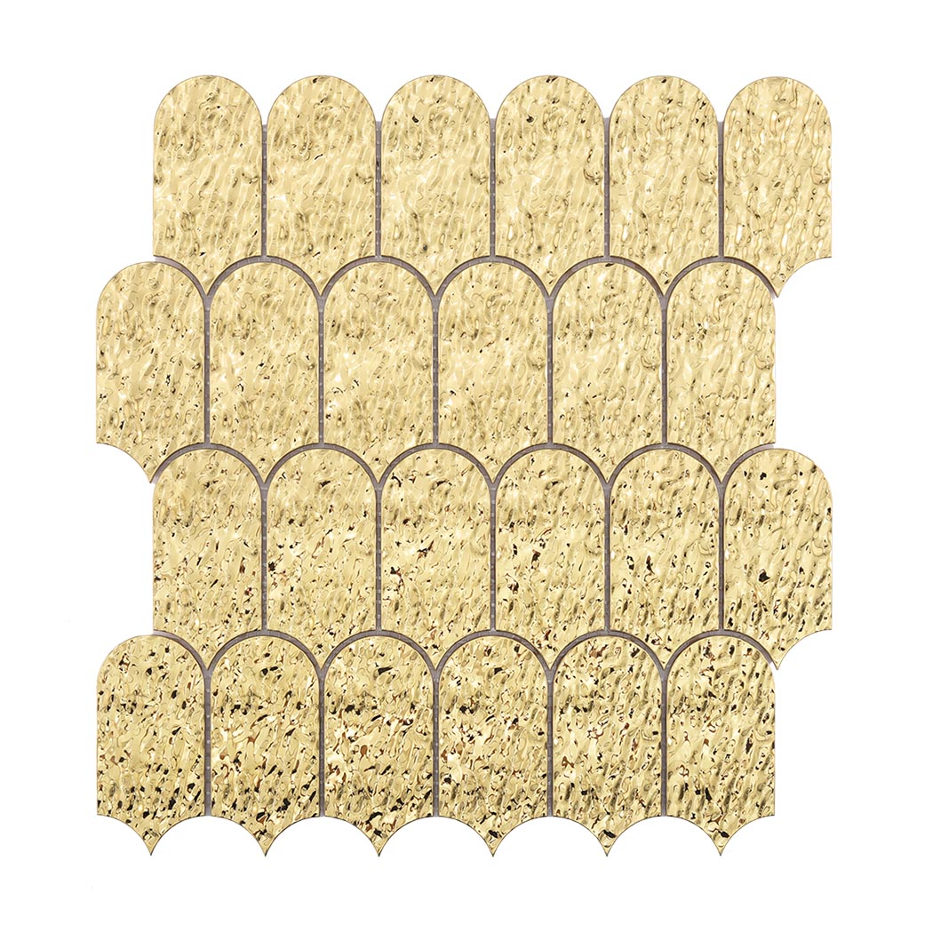 Front view of antique gold water ripple scallop metal mosaic tile sheet