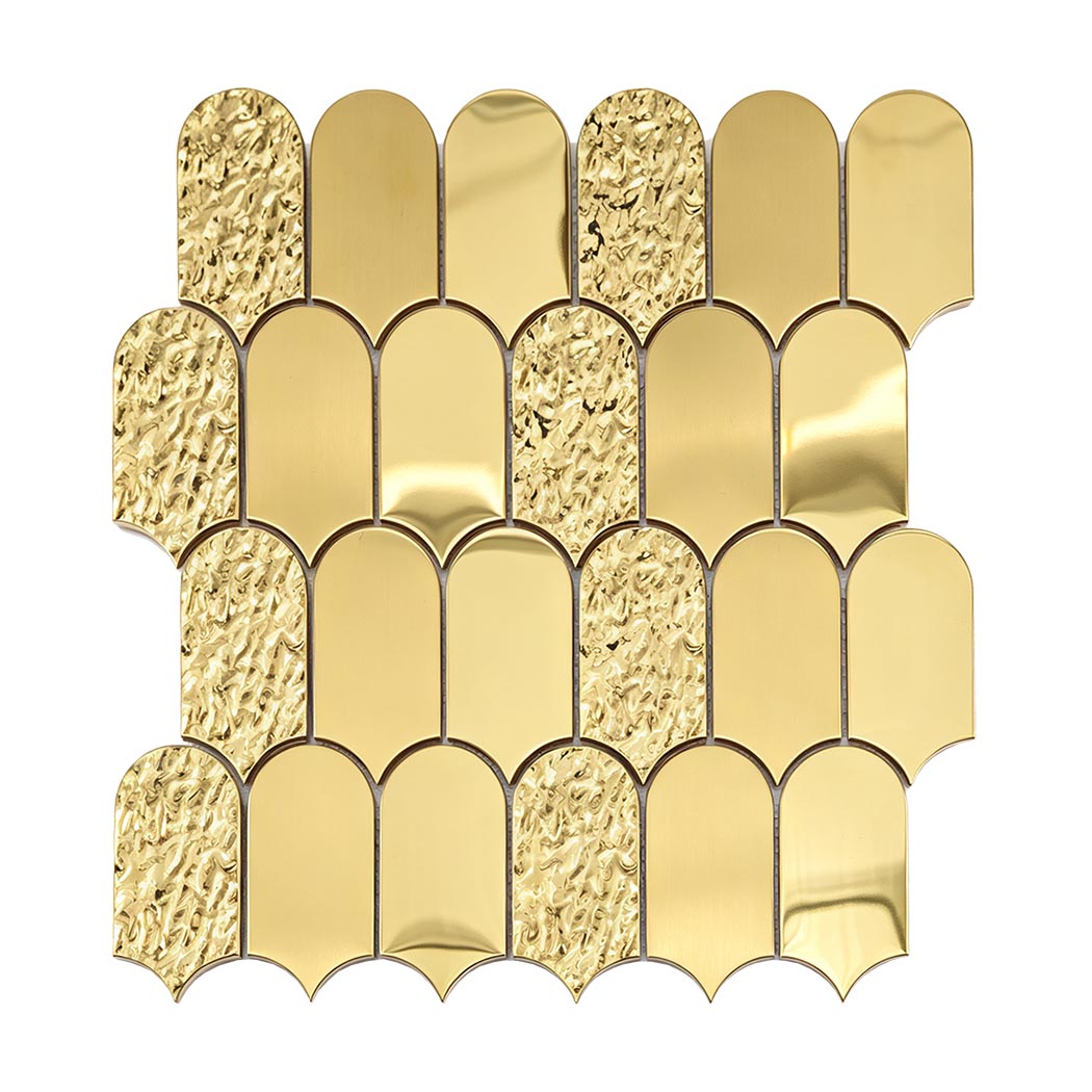 Front view of gold ripple fan metal mosaic tile sheet