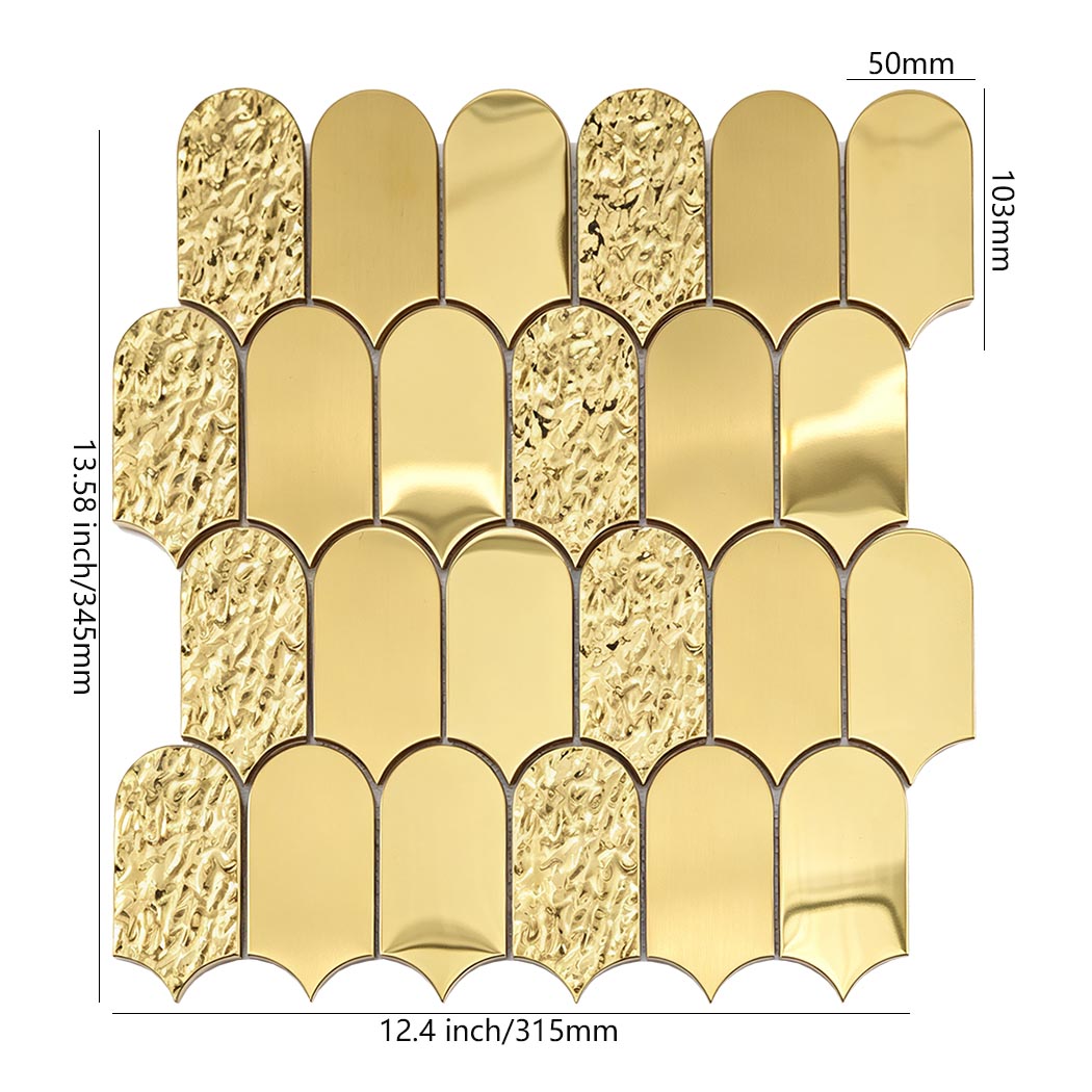 Gold ripple fan metal mosaic tile sheet with size details