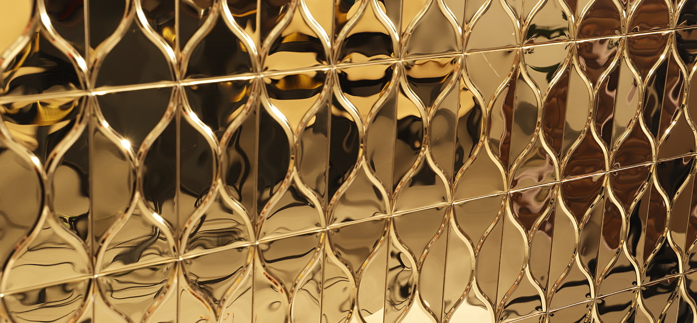 Gleaming gold tile backsplash with an elegant pattern, perfect for adding luxury to your space.