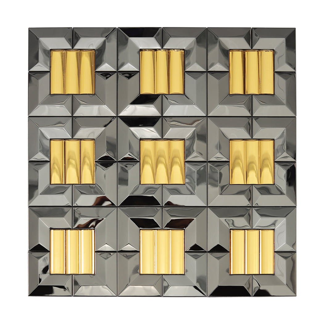A square sheet of luxury 3D mirror mosaic tiles featuring a grid of gold and gunmetal finish.