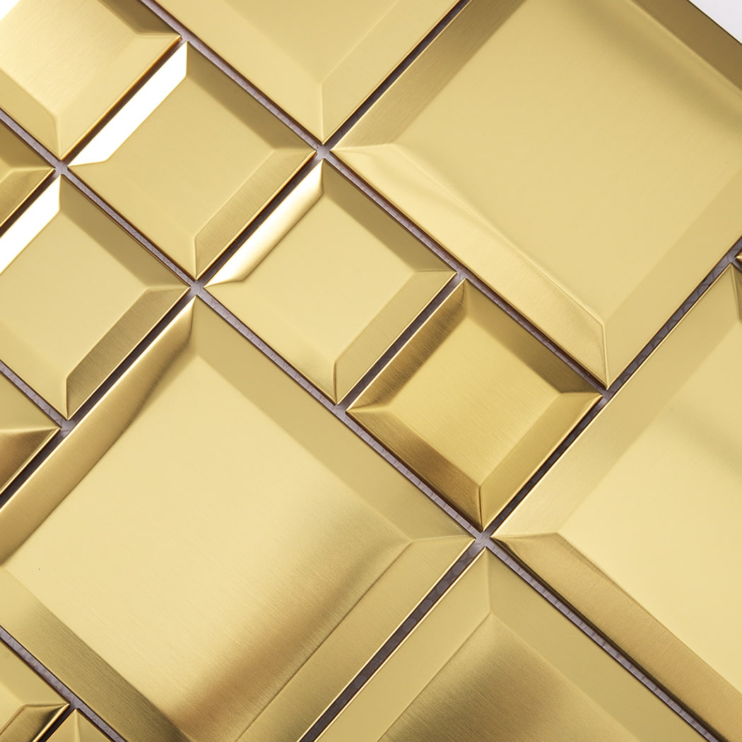 Detailed texture of gold beveled stainless steel square mosaic tile surface