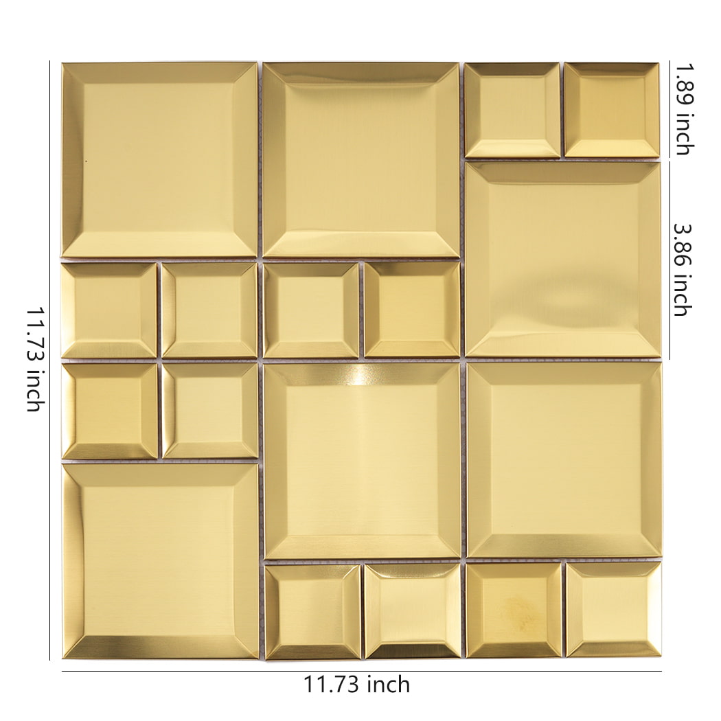 Gold brushed stainless steel beveled square mosaic tile sheet in modular layout