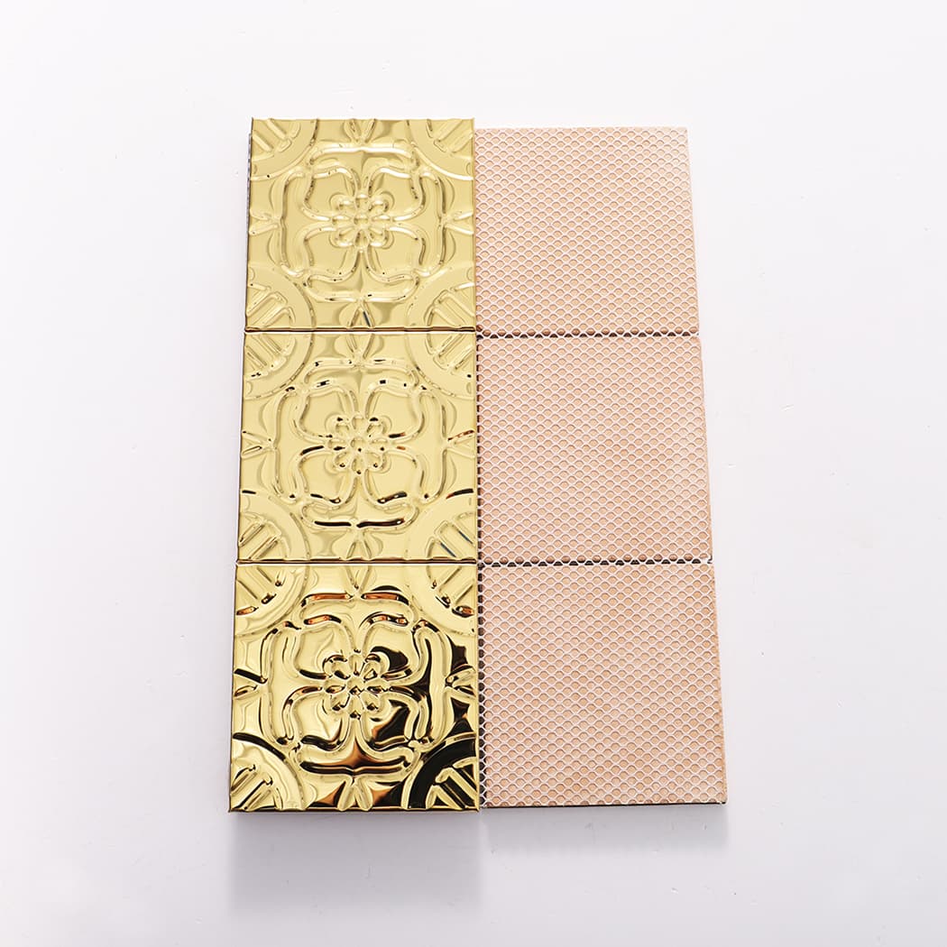 Gold embossed square metal tile front with comparison to backing mesh