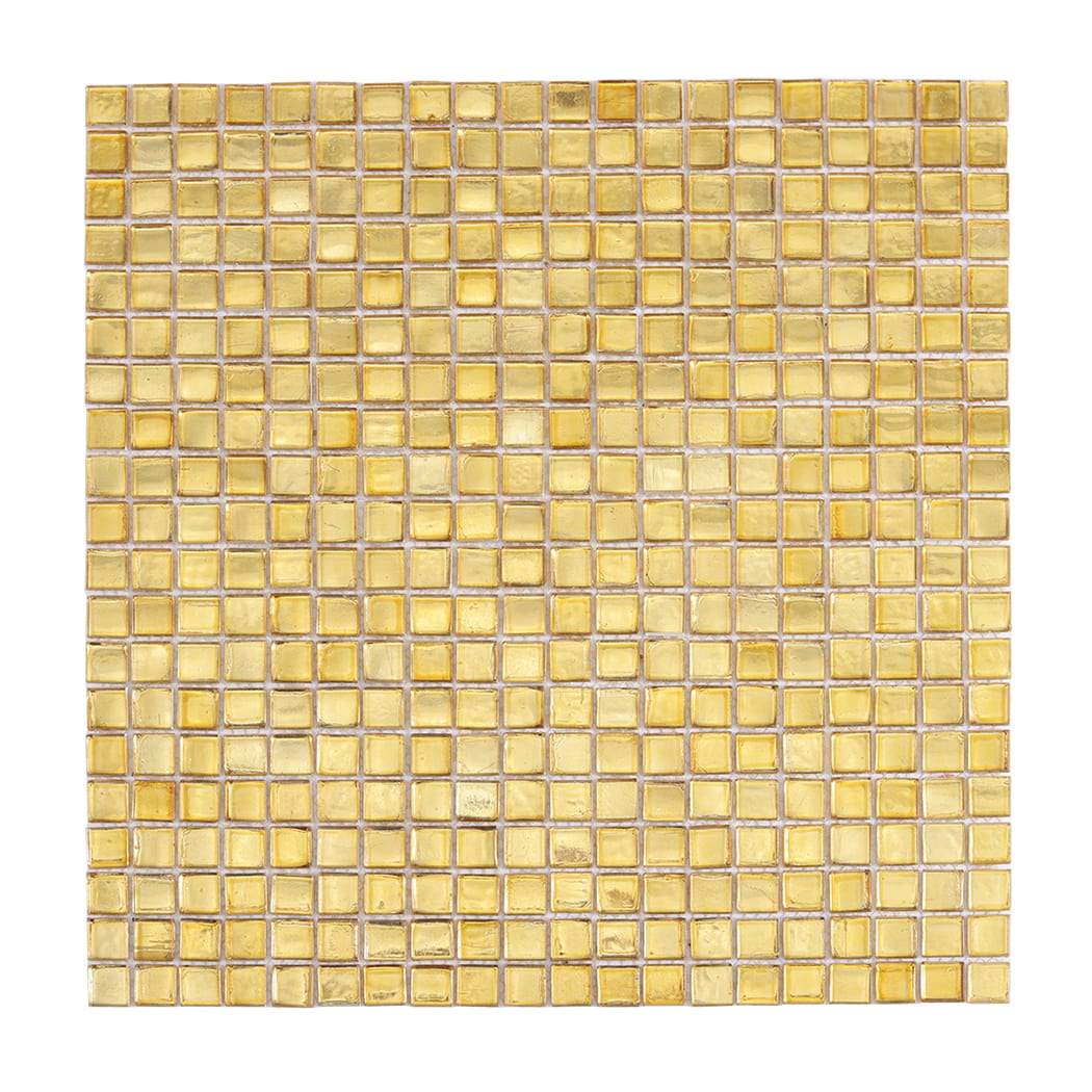 Full front view of gold foil glass square mosaic tile sheet on white background