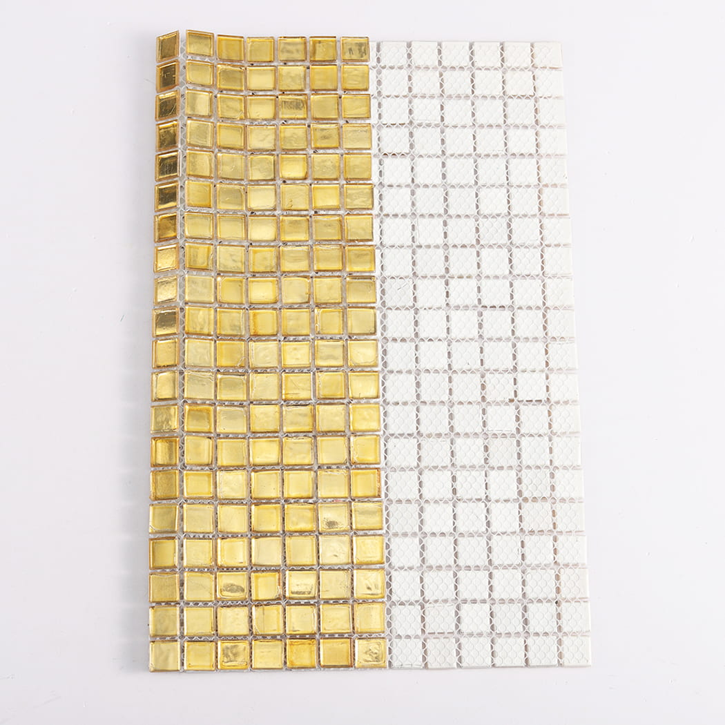 Front and mesh backing view of gold foil glass square mosaic tile sheet