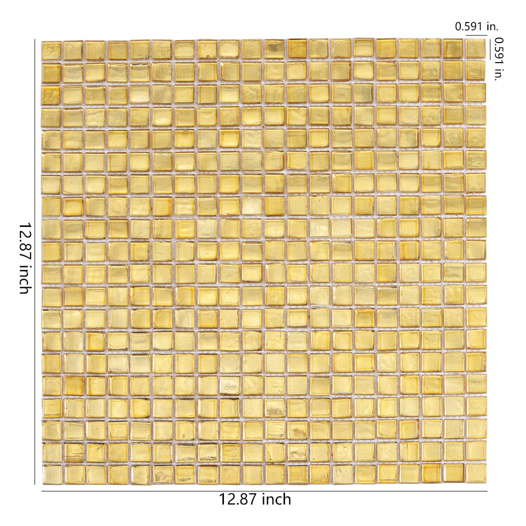 Gold foil glass square mosaic tile sheet showing overall size and tile dimensions