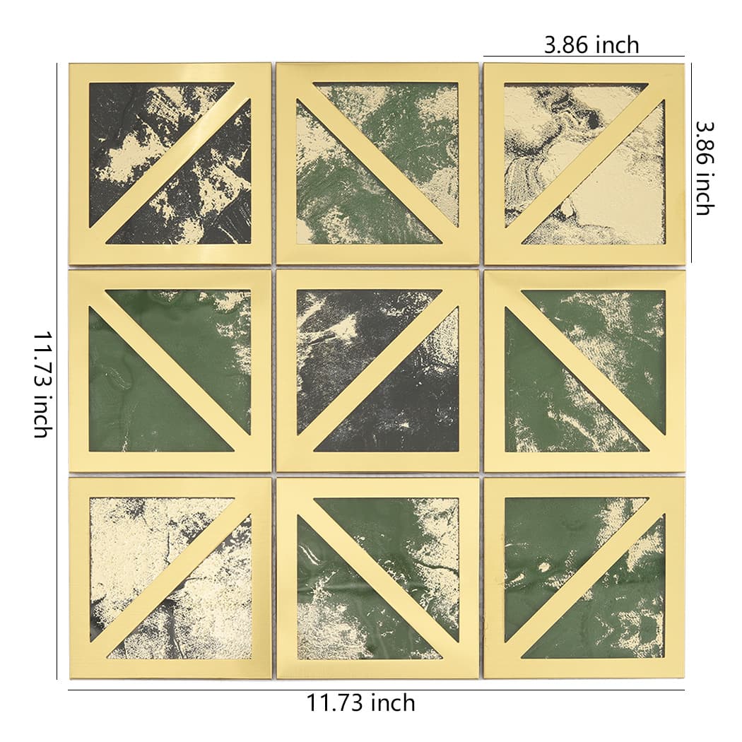 3x3 gold framed mosaic tiles with dimensions 11.73 by 11.73 inches.