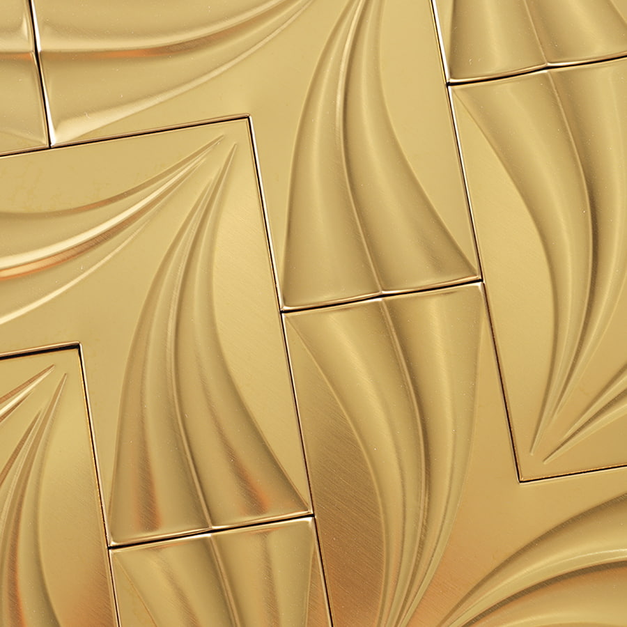 Surface texture of gold 3D herringbone metal mosaic tile