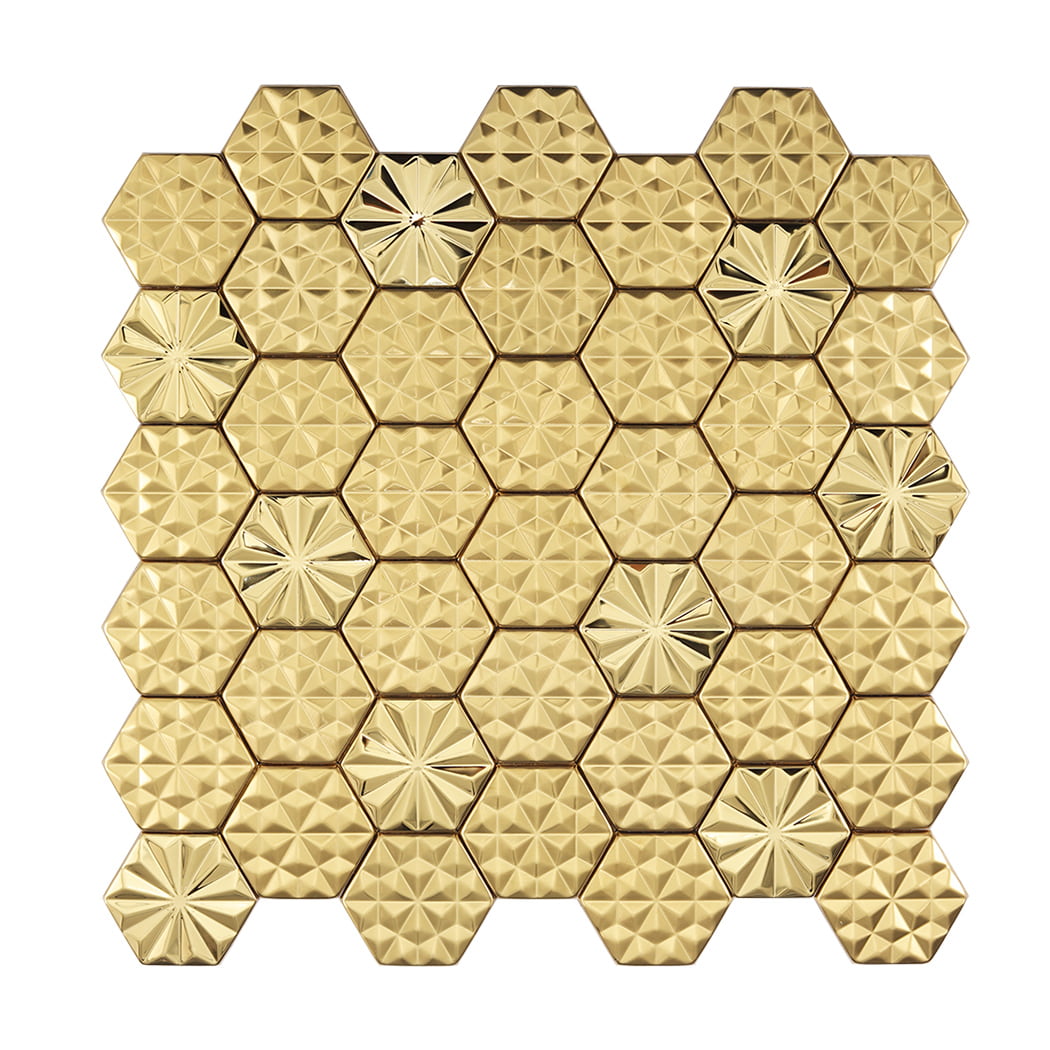 Full view of gold hexagon metal mosaic tile sheet with faceted surface design