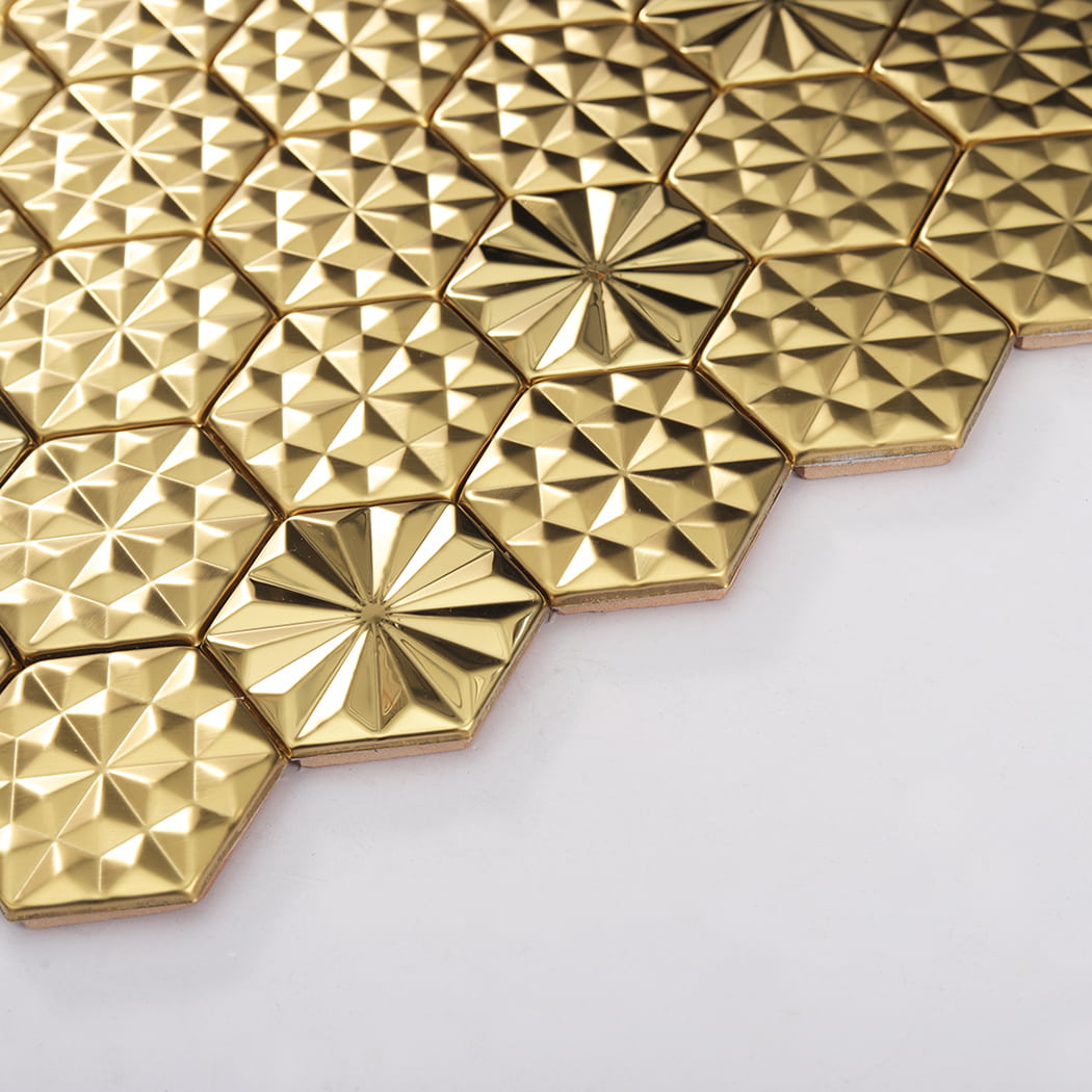 Side view showing thickness and layered structure of gold hexagon metal mosaic tile