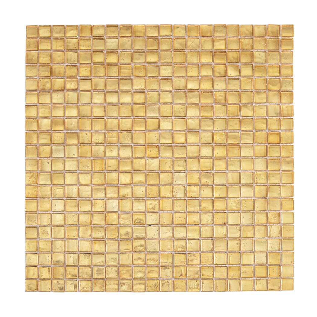Full front view of gold leaf glass square mosaic tile sheet on white background