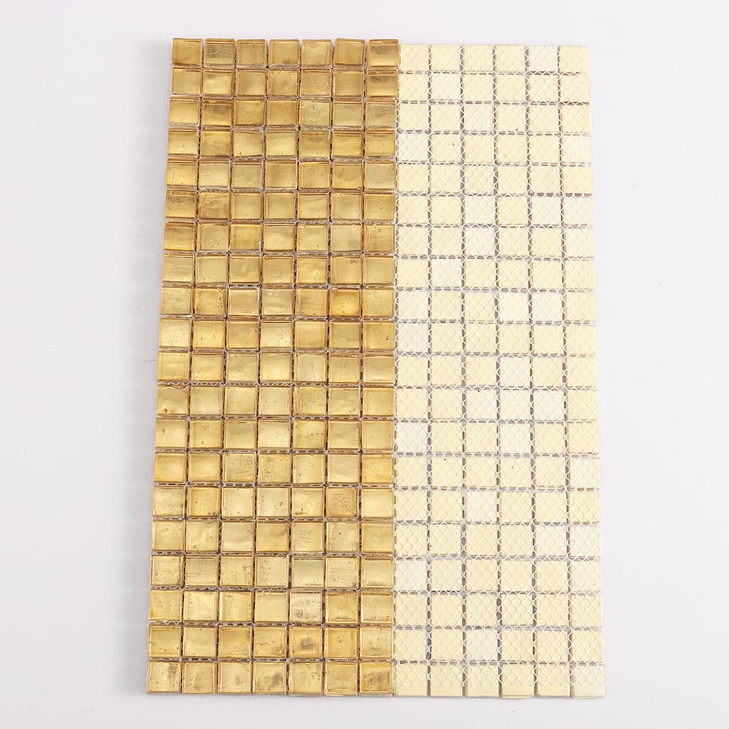 Front and mesh backing view of gold leaf glass square mosaic tile sheet