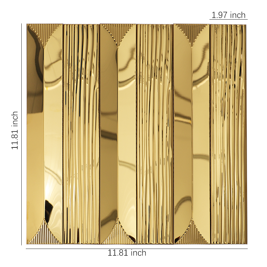 Gold metallic mosaic tile with vertical grooves and size dimensions labeled.