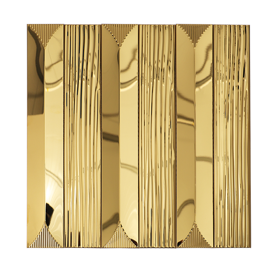 Front view of glossy gold metallic mosaic tile with vertical striped texture.