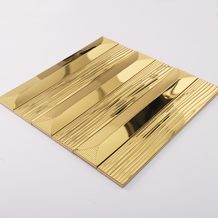 Perspective view of gold metallic mosaic tile showing depth and reflection.