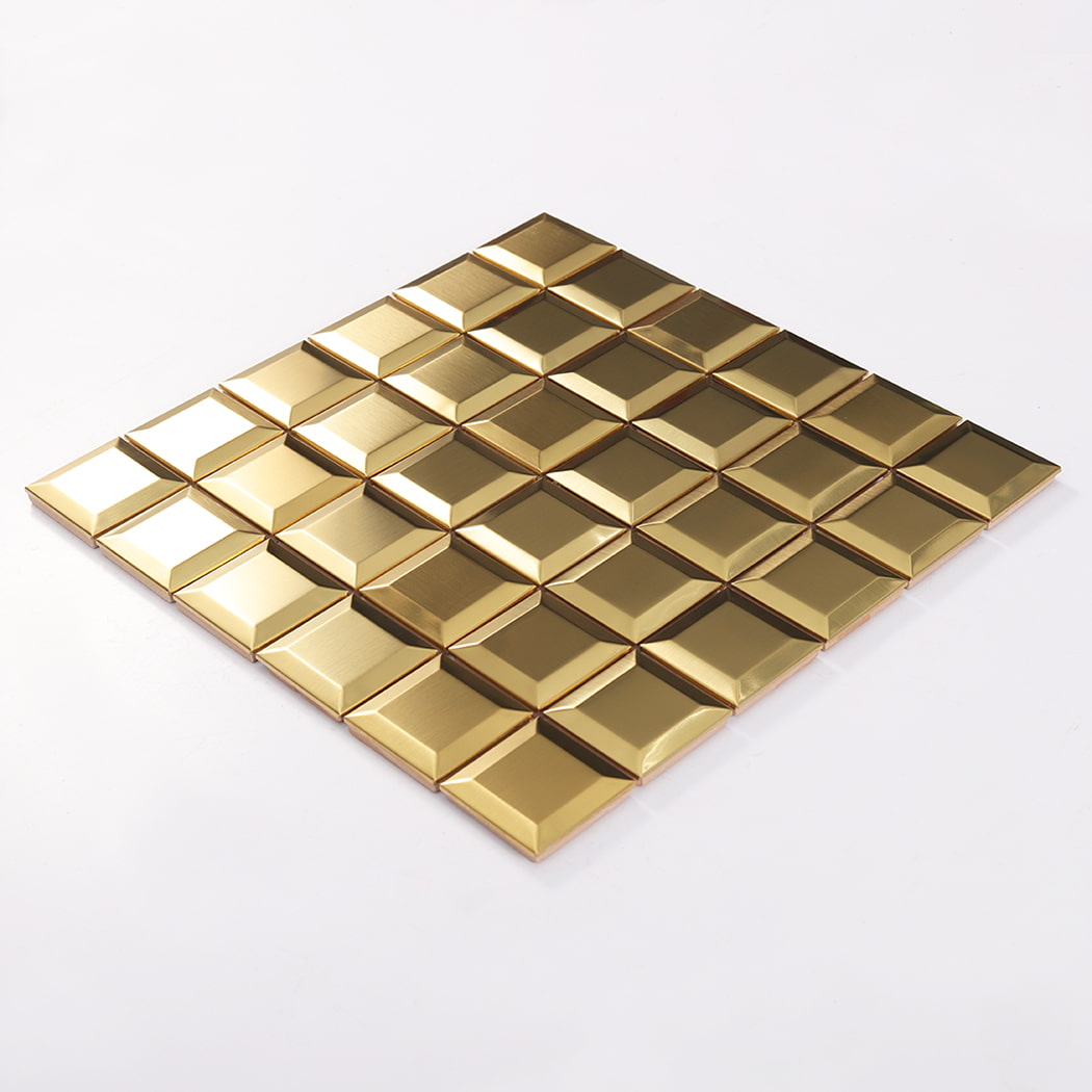 Perspective view of a gold metal mosaic tile sheet arranged in a grid