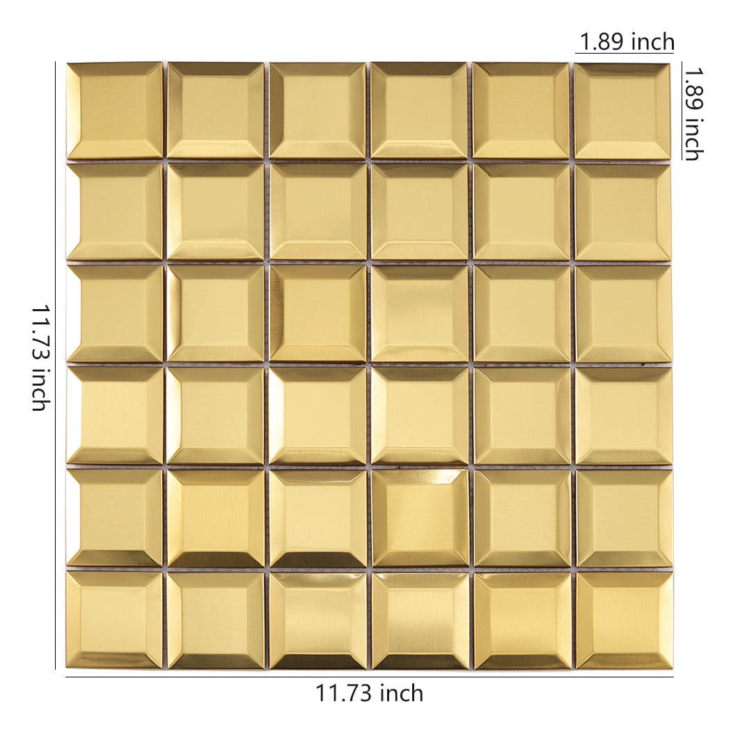 Square gold metal mosaic tile sheet showing size dimensions on a white background