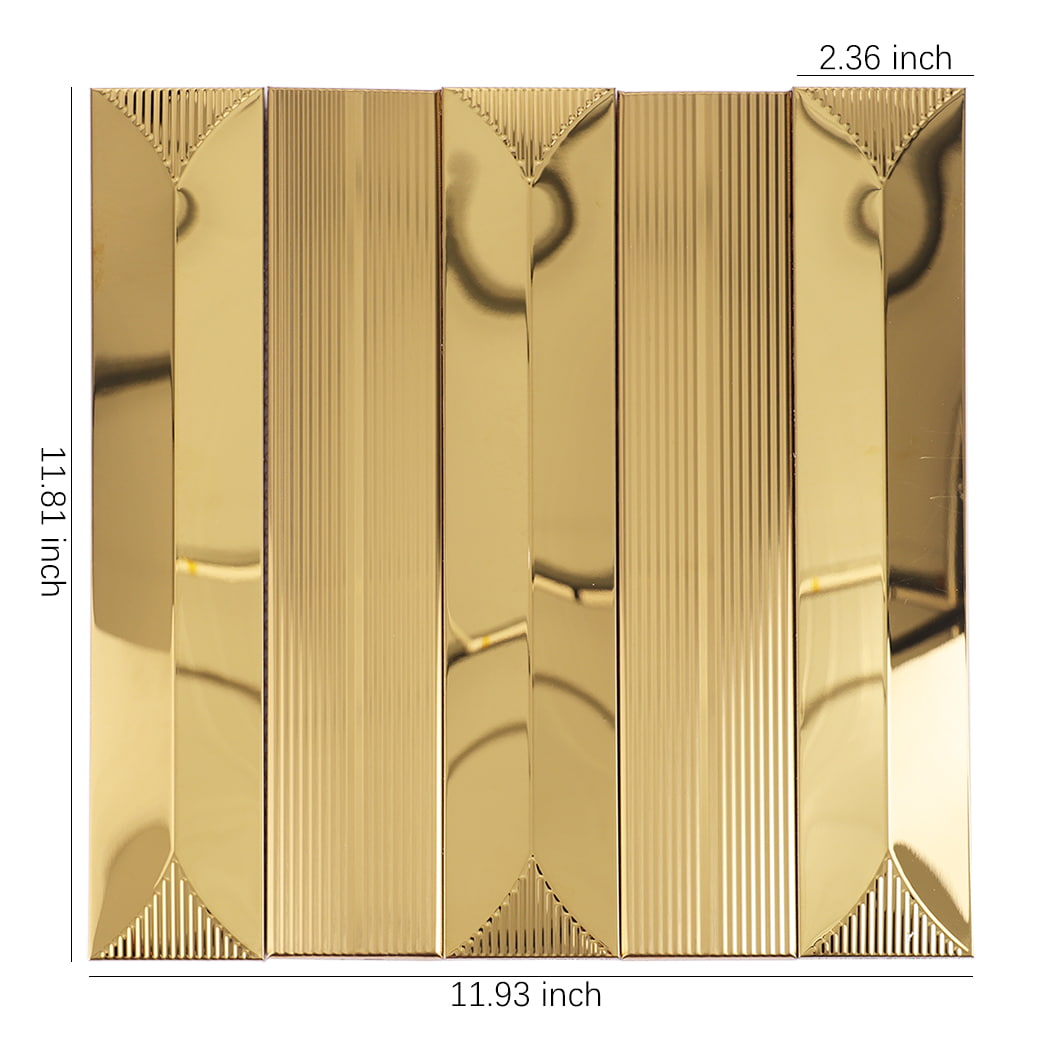 Gold metal tile with shiny surface and labeled dimensions 11.81x11.93 inches
