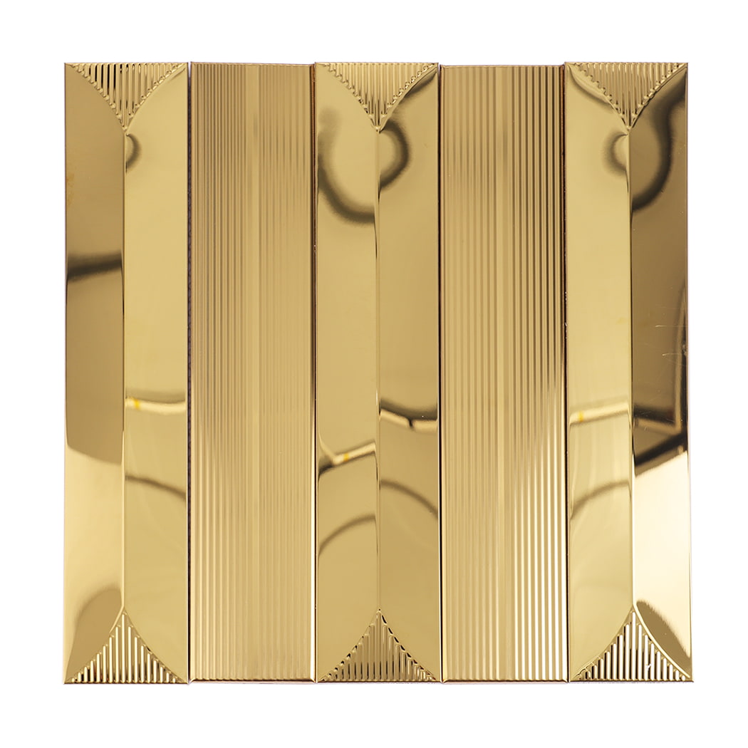 Front view of gold metal decorative wall tile with reflective finish
