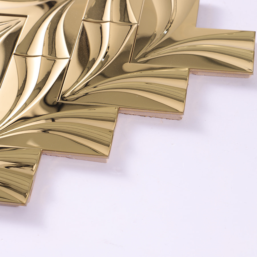 Side view showing thickness of gold mirror herringbone stainless steel mosaic tile