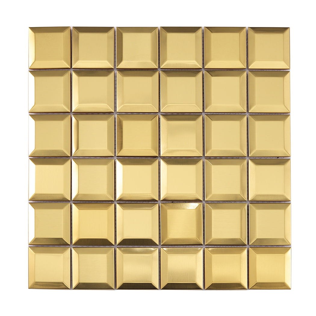 Full view of a square gold metal mosaic tile sheet with uniform beveled tiles