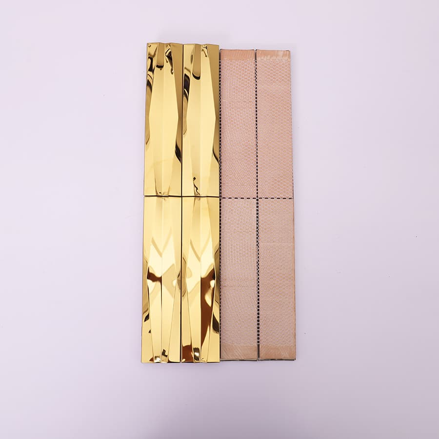 Back view of gold stainless steel 3D wave strip mosaic tile sheet